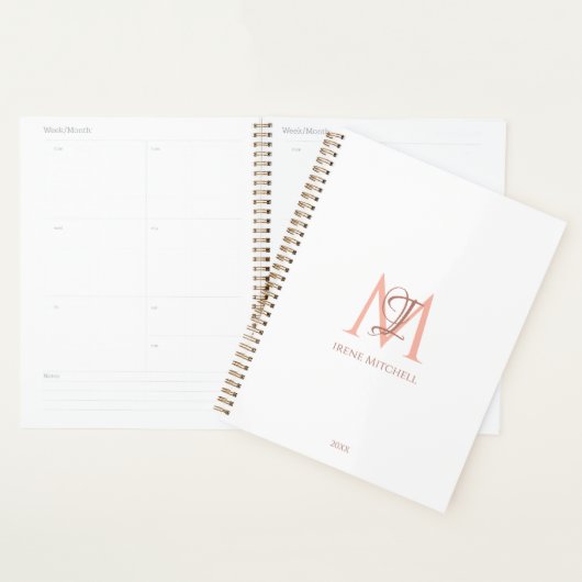 Minimalistisch Wit Rose Goud Monogram Naam Modern Planner (Display)