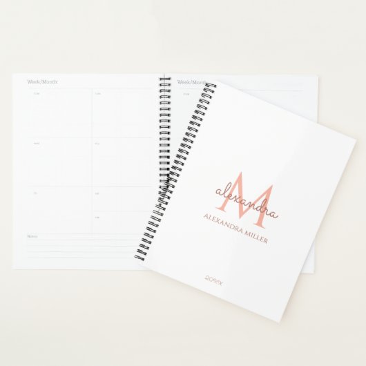 Minimalistisch Wit Rose Goud Monogram Naam Modern Planner (Display)