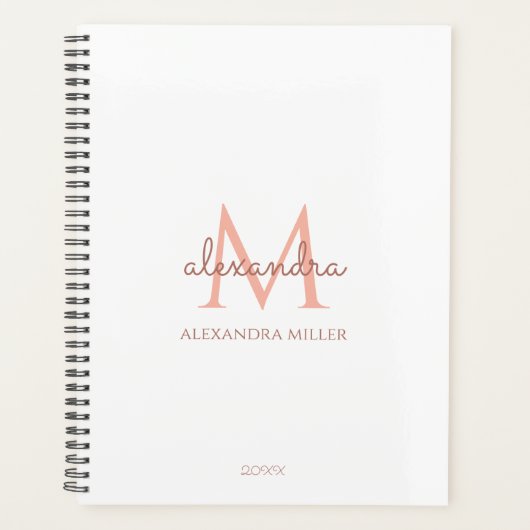 Minimalistisch Wit Rose Goud Monogram Naam Modern Planner (Voorkant)