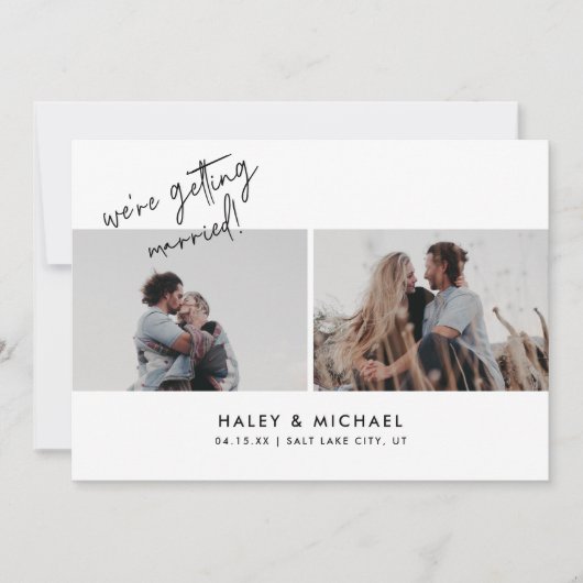 Minimalistisch wit script 2 foto bruiloft save the date (Voorkant)