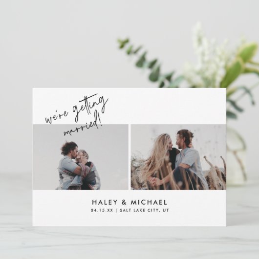 Minimalistisch wit script 2 foto bruiloft save the date (Staand voorkant)