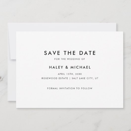 Minimalistisch wit script 2 foto bruiloft save the date (Achterkant)