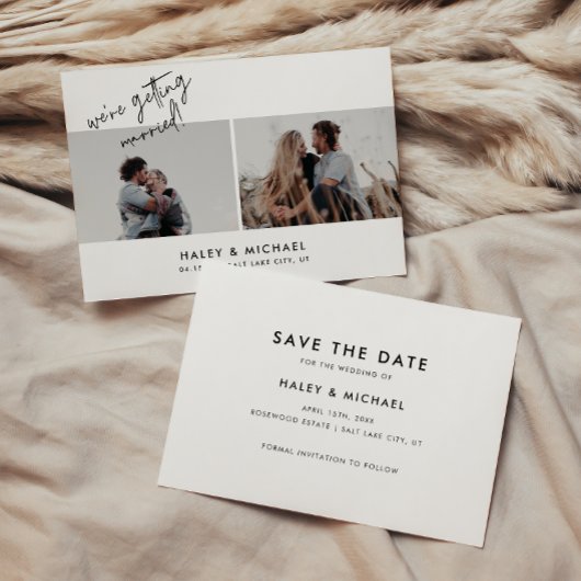 Minimalistisch wit script 2 foto bruiloft save the date