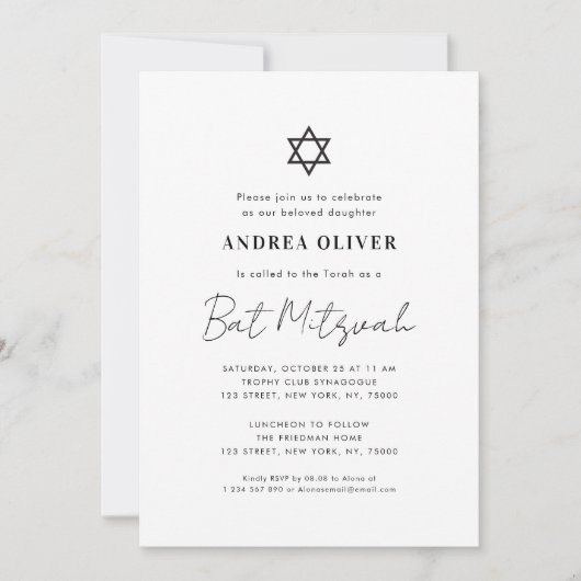 Minimalistisch wit script Modern Simple Bat Mitzva Kaart (Voorkant)