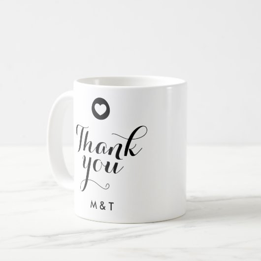 Minimalistisch wit trouw-hartelijkdank-script mono koffiemok (Voorkant links)
