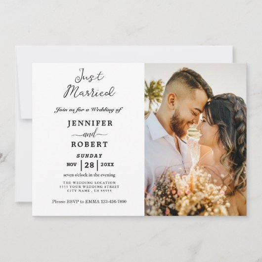 Minimalistisch wit zwart foto bruiloft receptie kaart (Voorkant)