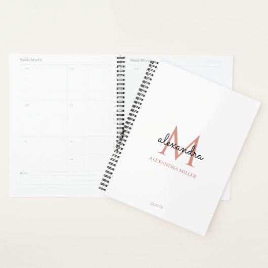 Minimalistisch Wit Zwart Roos Goud Monogram Naam Planner (Display)