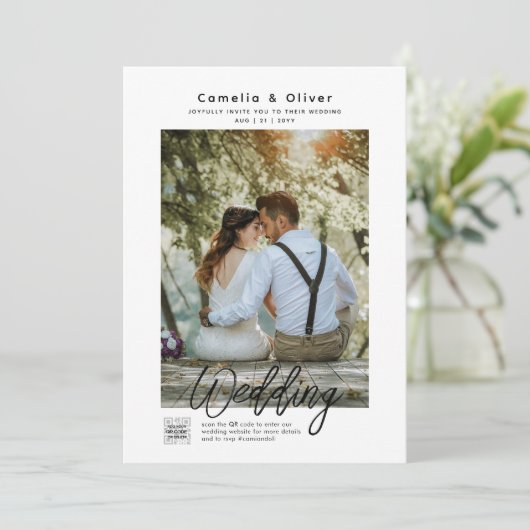 MINIMALISTISCH Wit & Zwart Trouwfoto QR CODE Kaart (Staand voorkant)