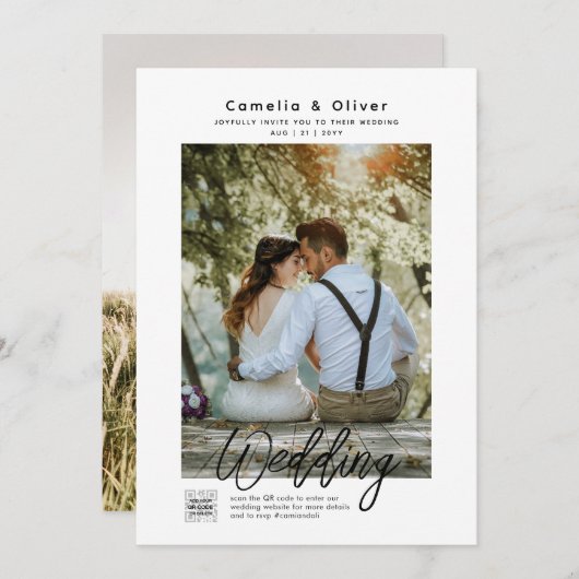 MINIMALISTISCH Wit & Zwart Trouwfoto QR CODE Kaart (Voorkant / Achterkant)
