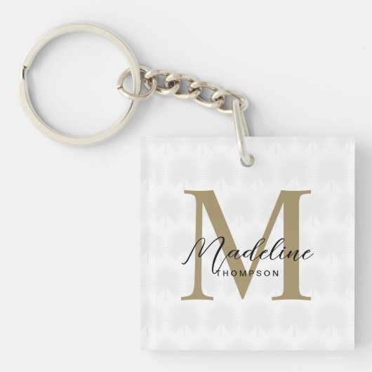 Minimalistisch witgoud anahaw blad script monogram sleutelhanger (voorkant)
