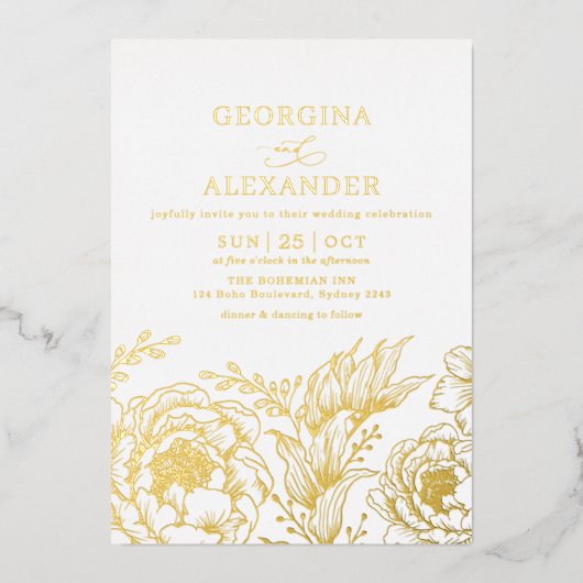 Minimalistisch  witgoud - botanische bruiloft folie uitnodiging (Voorkant)
