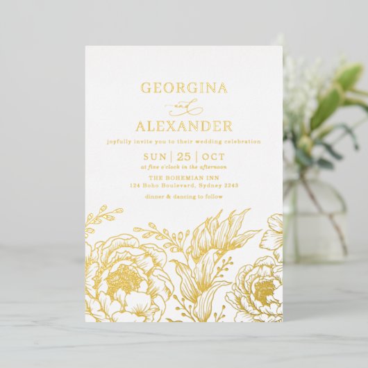 Minimalistisch  witgoud - botanische bruiloft folie uitnodiging (Staand Voorkant)