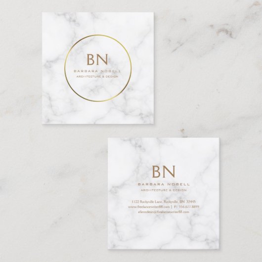 Minimalistisch witte marmer Gold monogram Vierkante Visitekaartje (Voorkant / Achterkant)