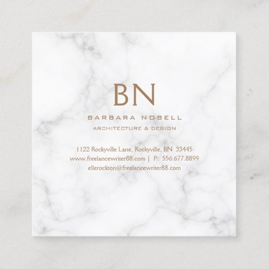Minimalistisch witte marmer Gold monogram Vierkante Visitekaartje (Achterkant)
