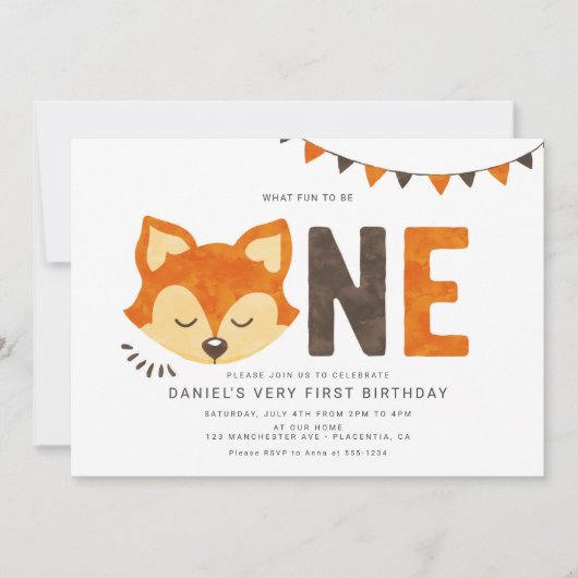 Minimalistisch Woodland Fox Eerste verjaardag Uitn Kaart (Voorkant)