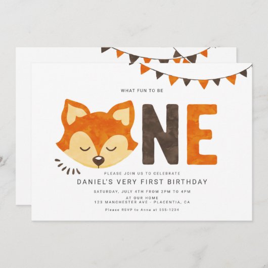 Minimalistisch Woodland Fox Eerste verjaardag Uitn Kaart (Voorkant / Achterkant)
