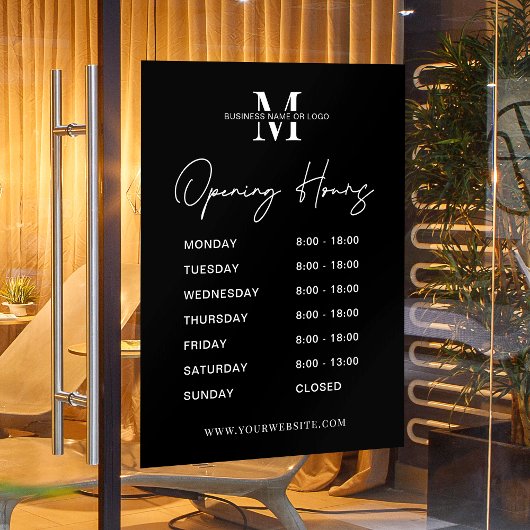 Minimalistisch Zakelijk Logo Zwart Wit Openingsure Raamsticker