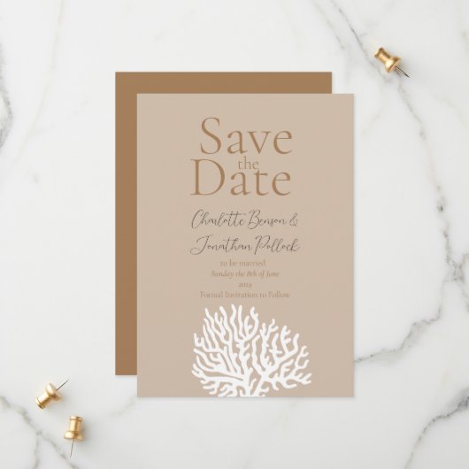 Minimalistisch Zee Coral Coastal Save The Date Kaa (Voorkant / Achterkant in situ)