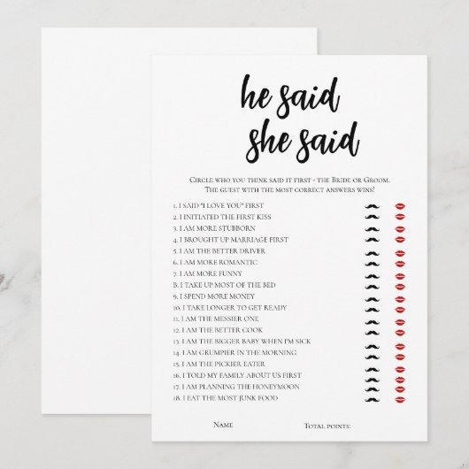 Minimalistisch zei hij, ze zei Vrijgezellenfeest s Kaart (Voorkant / Achterkant)