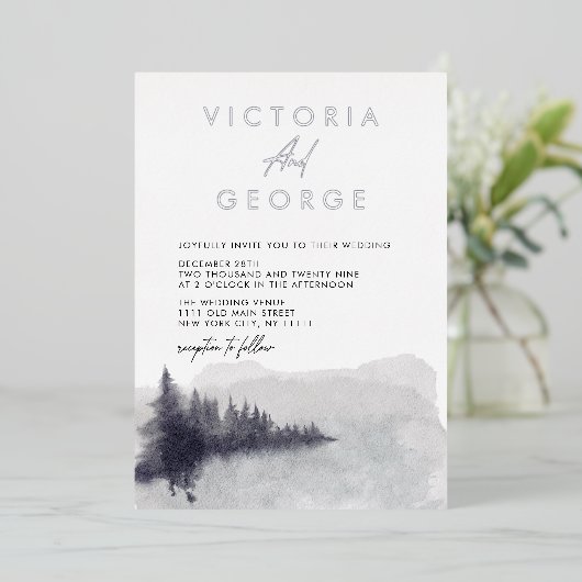 Minimalistisch zilver zwart wit elegante bruiloft folie uitnodiging (Staand Voorkant)