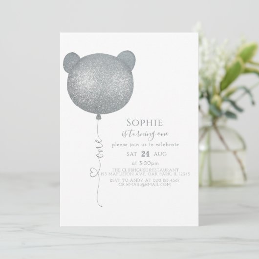 Minimalistisch zilveren ballon Teddy Bear 1ste ver Kaart (Staand voorkant)