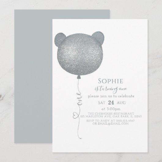 Minimalistisch zilveren ballon Teddy Bear 1ste ver Kaart (Voorkant / Achterkant)