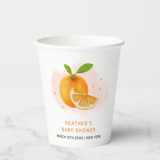 Minimalistisch zoet Sinaasappel Citrus Baby shower Papieren Bekers (Voorkant)