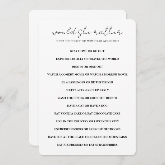 Minimalistisch zou ze liever Baby shower spel Kaart (Voorkant / Achterkant)