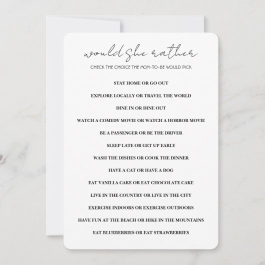 Minimalistisch zou ze liever Baby shower spel Kaart (Voorkant)