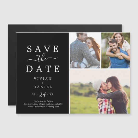 minimalistisch | Zwart 3 Fotocollage De datum opsl Magnetische Uitnodiging (Voorkant / Achterkant)
