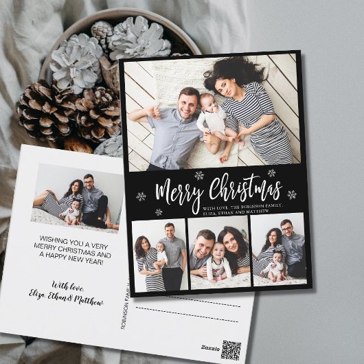 Minimalistisch zwart 4 fotocollage script kerst briefkaart