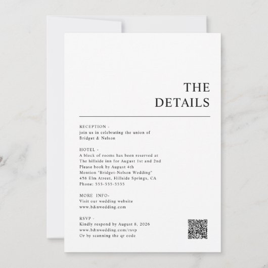 Minimalistisch zwart alles in één QR code bruiloft Kaart (Achterkant)