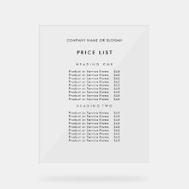 Minimalistisch Zwart Bedrijfsnaam prijslijst Acryl Bord