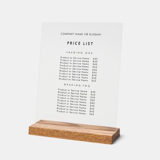 Minimalistisch Zwart Bedrijfsnaam prijslijst Acryl Bord (Hoek)