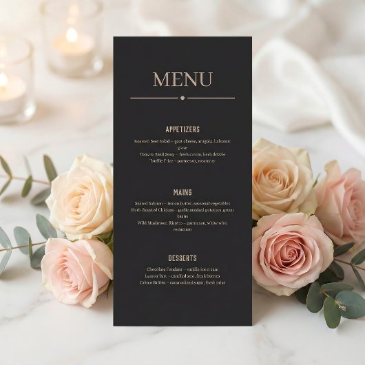 Minimalistisch zwart donker restaurant- of huwelij programmakaart