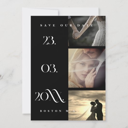 Minimalistisch zwart eenvoudig script 3 foto bruil save the date (Voorkant)