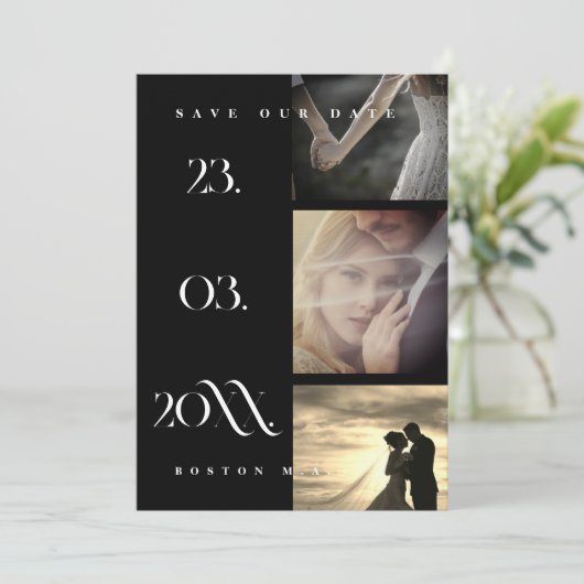 Minimalistisch zwart eenvoudig script 3 foto bruil save the date (Staand voorkant)