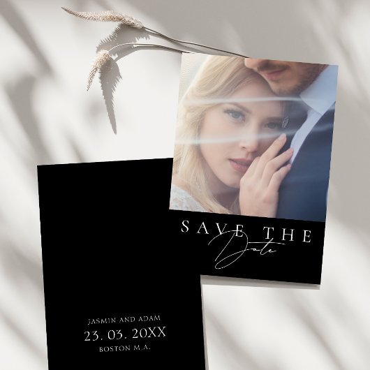 Minimalistisch zwart eenvoudig script foto bruilof save the date