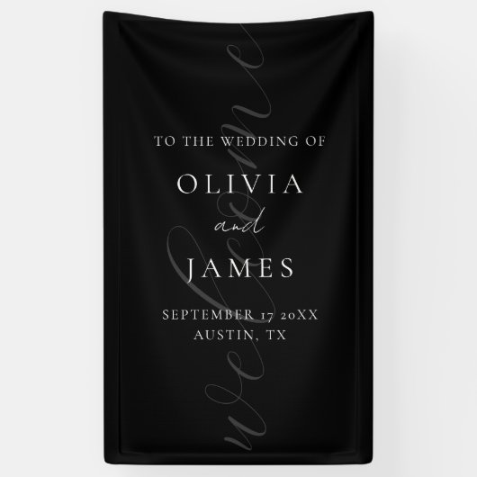Minimalistisch Zwart Elegant Script Huwelijk Welko Spandoek (Verticaal)