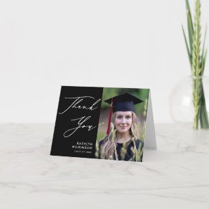 Minimalistisch zwart Elegant Script Photo Afstuder Bedankkaart