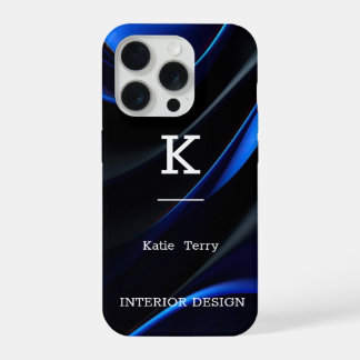 Minimalistisch zwart en blauw Modern Monogram Hoes iPhone 15 Pro Case