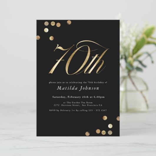 Minimalistisch Zwart en Goud 70e Verjaardagsfeest Kaart (Staand voorkant)