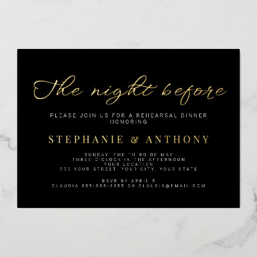 Minimalistisch zwart en goud de nacht voor het huw folie uitnodiging (Voorkant)