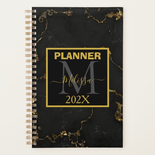 Minimalistisch zwart en goud gemarmerd monogram planner (Voorkant)