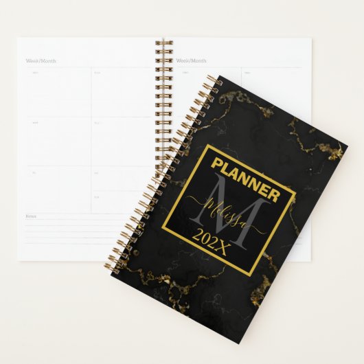 Minimalistisch zwart en goud gemarmerd monogram planner (Display)