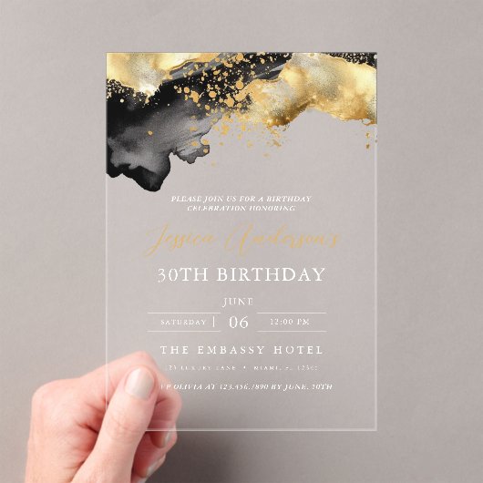 Minimalistisch zwart en goud script 30ste verjaard acryl uitnodigingen (Insitu (Draagbaar))