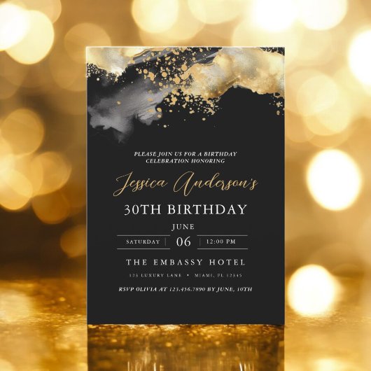 Minimalistisch zwart en goud script 30ste verjaard kaart