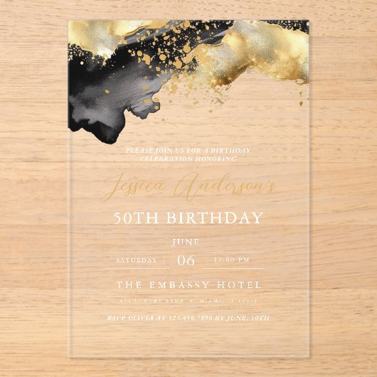 Minimalistisch zwart en goud script 50ste verjaard acryl uitnodigingen (Voorkant)