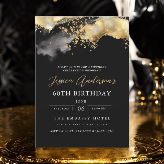 Minimalistisch zwart en goud script 60ste verjaard kaart