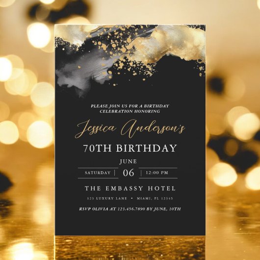 Minimalistisch zwart en goud script 70ste verjaard kaart